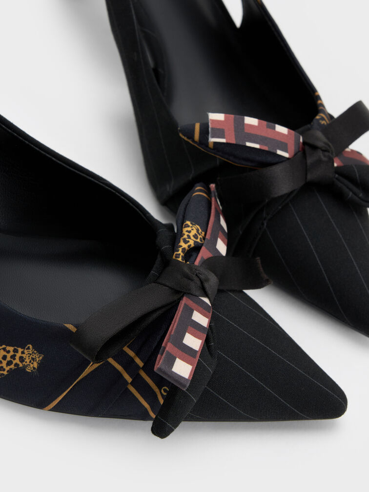 Satin Printed-Bow Pointed Slingback Pumps, Black Textured, hi-res
