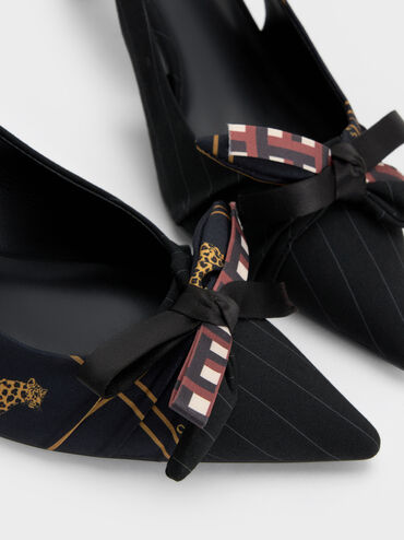 Satin Printed-Bow Pointed Slingback Pumps, Black Textured, hi-res