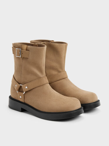 Girls' Faux Suede Buckled Ankle Boots, Sand, hi-res