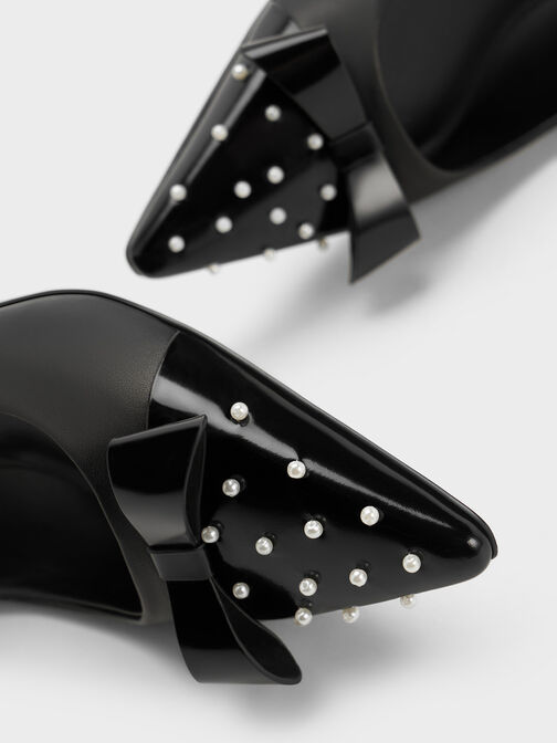Giày búp bê mũi nhọn Bead-Embellished Leather Bow, Đen, hi-res