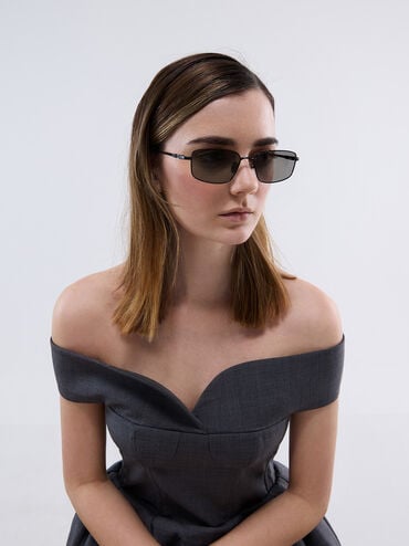 Kính mát gọng chữ nhật Inara Metallic-Rim, Đen, hi-res