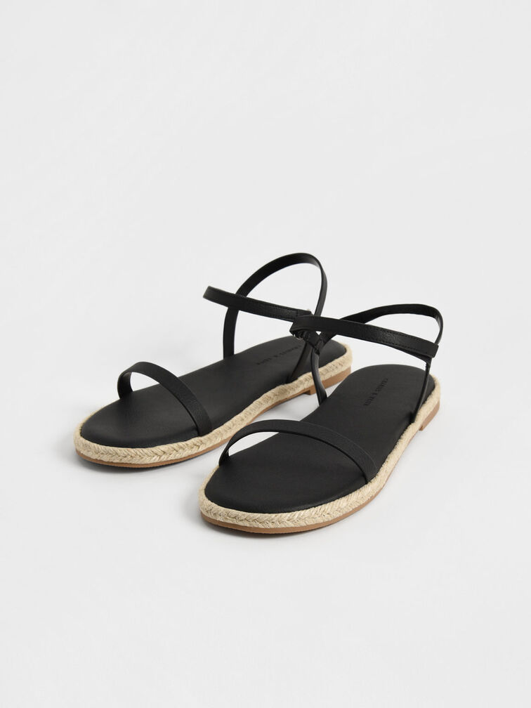 Giày sandals nữ quai mảnh Ankle Strap Flat Espadrill, Đen, hi-res