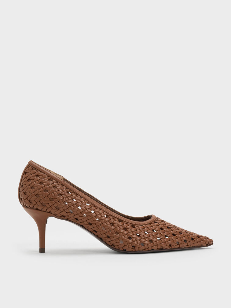 Woven Pointed Stiletto Pumps, Brown, hi-res