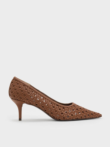 Woven Pointed Stiletto Pumps, Brown, hi-res