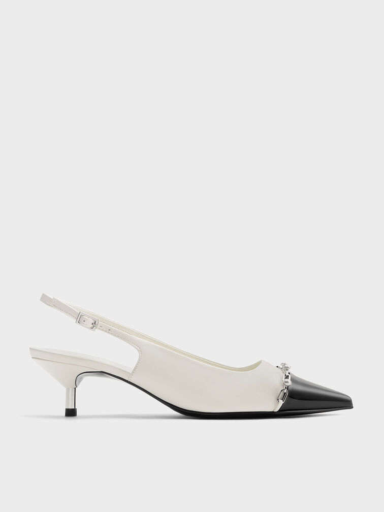 Patent Pearl Chain-Link Slingback Pumps, White, hi-res