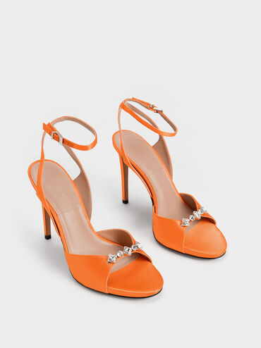 Metallic Gem-Encrusted Ankle Strap Sandals, Orange, hi-res