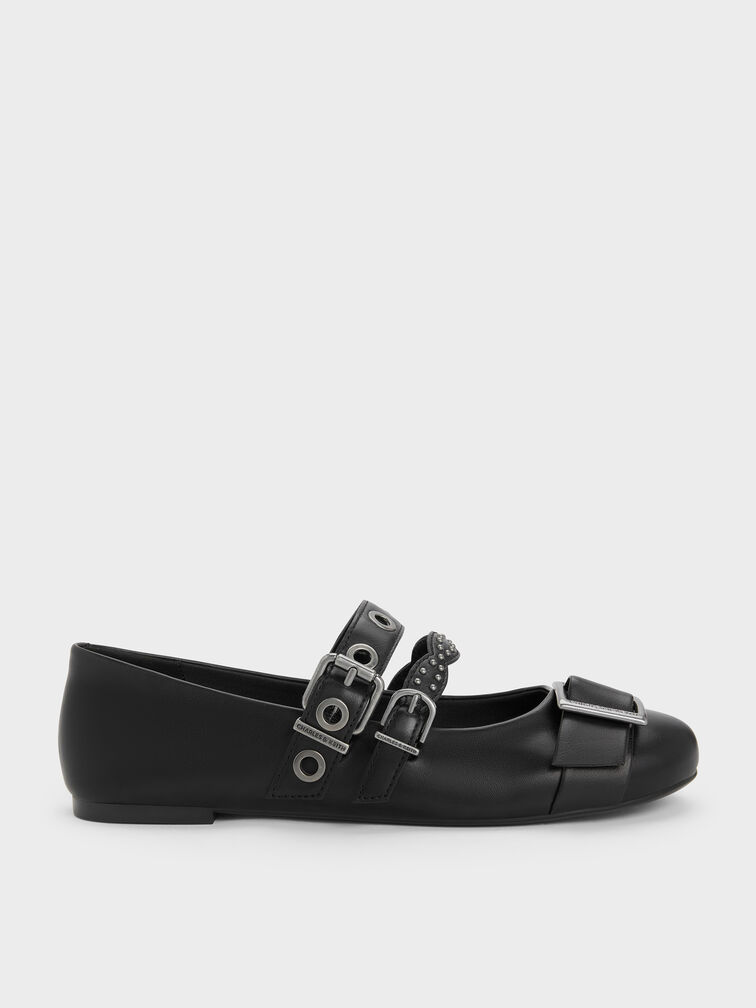 Aether Grommet Studded Mary Jane Flats, Black, hi-res