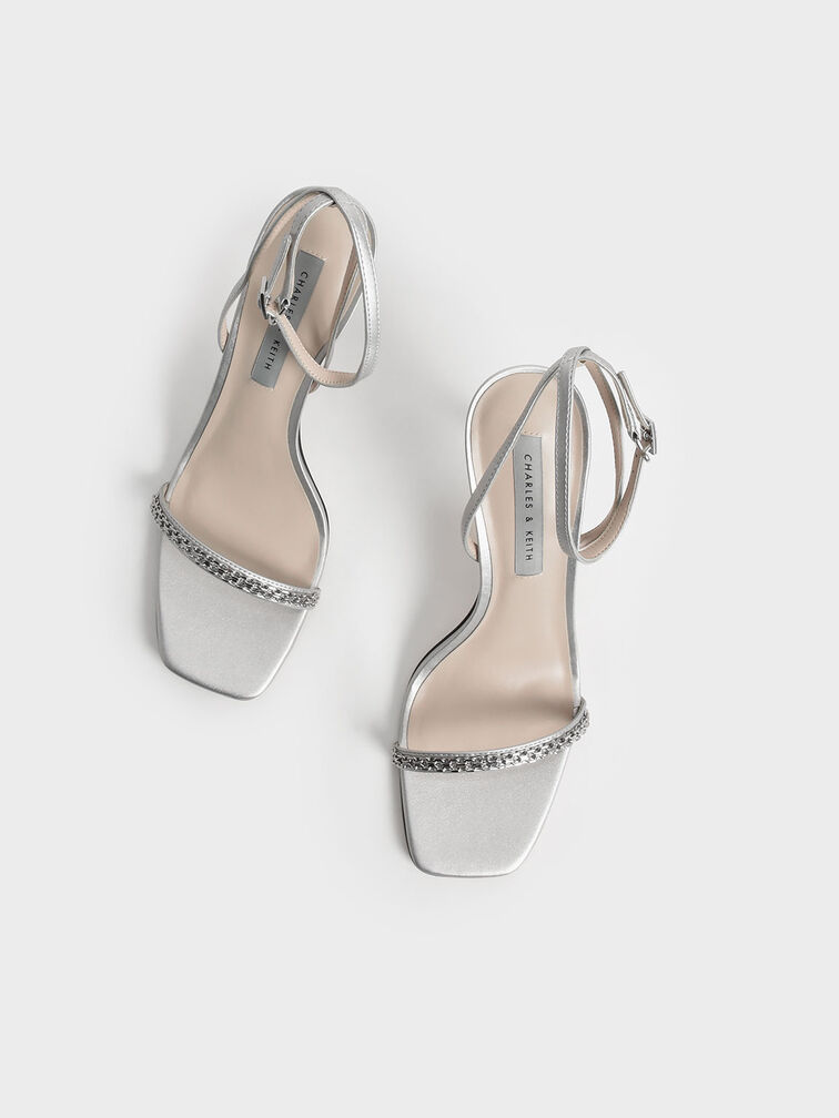 Metallic Accent Ankle-Strap Stiletto Sandals, Silver, hi-res