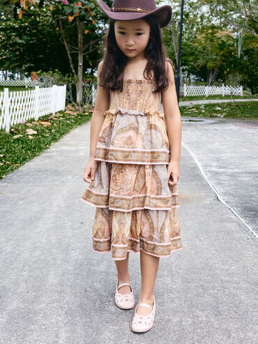 Girls' Floral Cut-Out Mary Jane Flats, Light Pink, hi-res