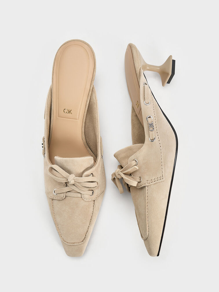 Kori Suede Lace-Up Sculptural-Heel Mules, Beige, hi-res