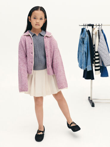 Giày búp bê mũi tròn Lace Crystal, Đen họa tiết, hi-res