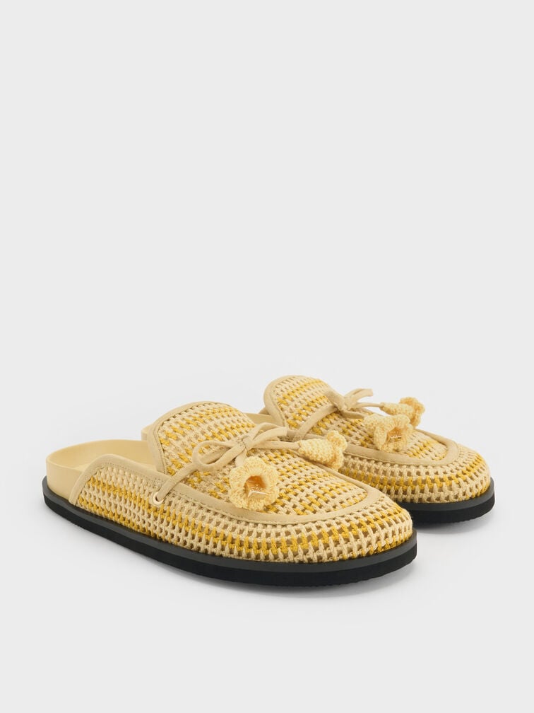 Crochet & Suede Flower Mules, Yellow, hi-res