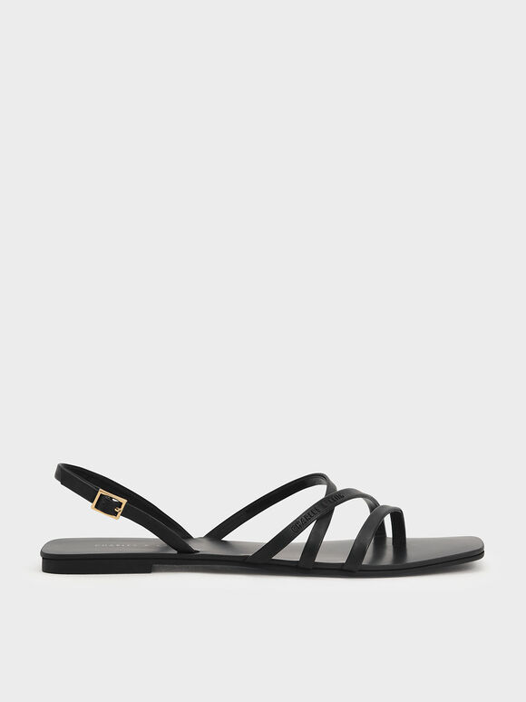 Strappy Square-Toe Slingback Sandals, Black, hi-res