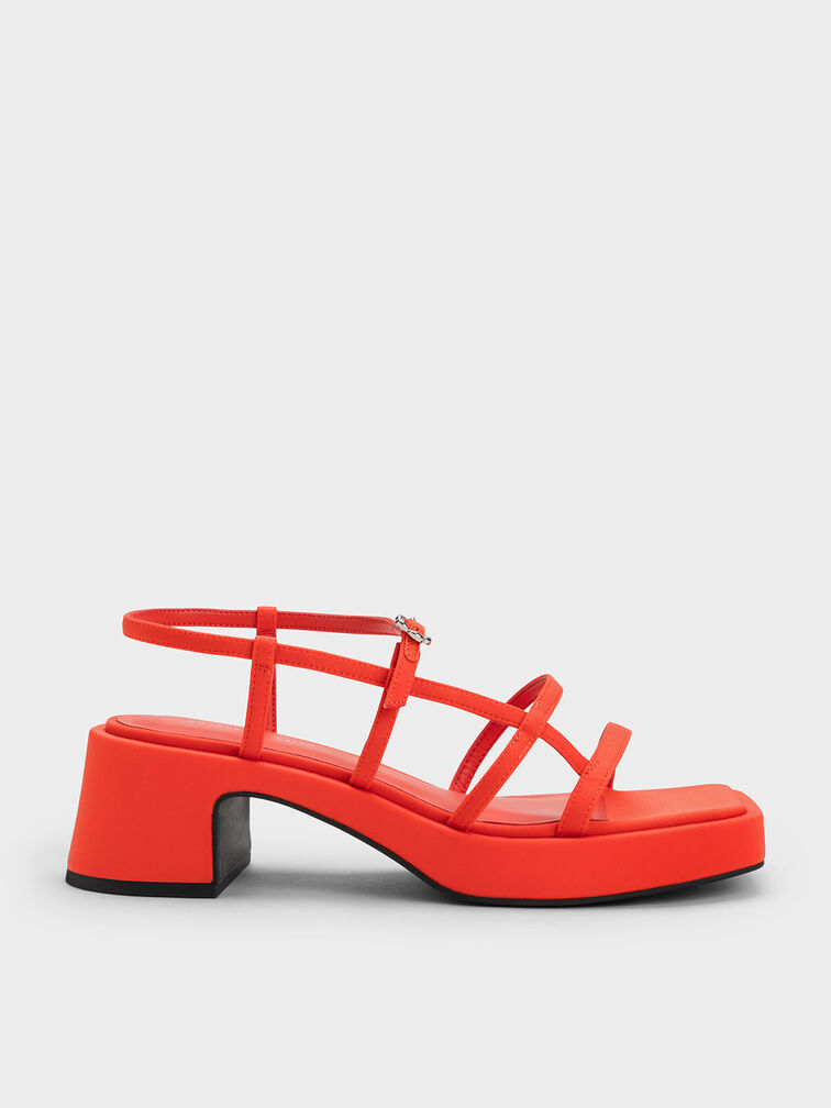 Selene Flower-Buckle Strappy Sandals, Red, hi-res
