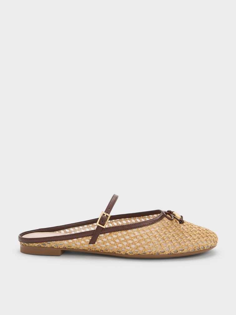 Gi&agrave;y mules đế thấp Raffia, Dark Brown Textured, hi-res