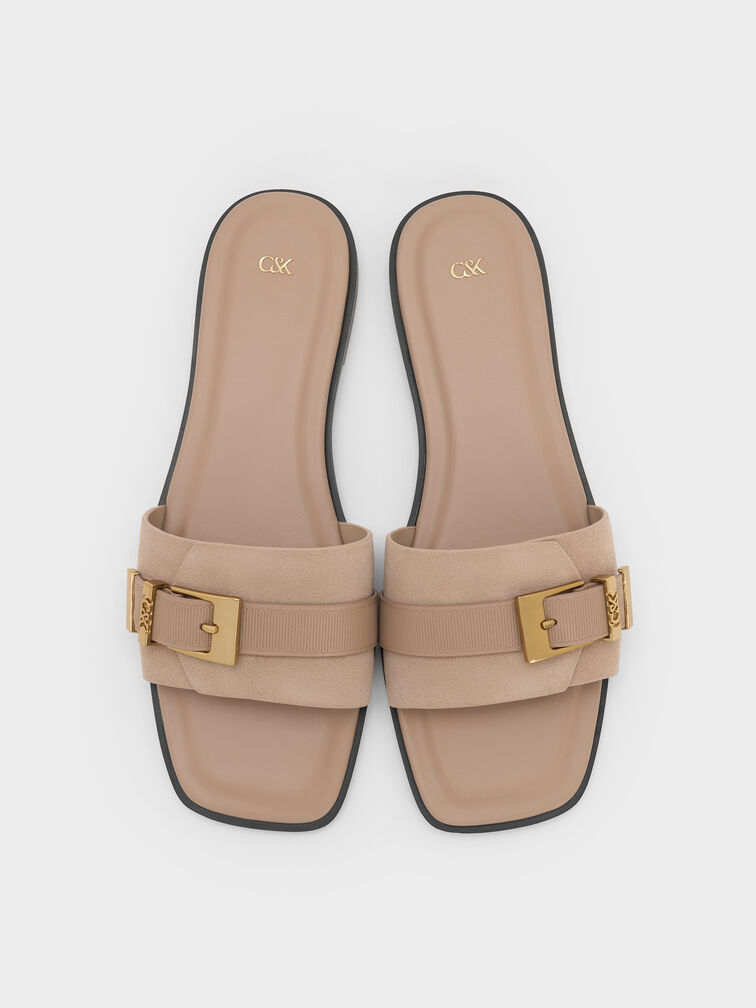 Whitney Suede & Leather Buckled Square-Toe Slide Sandals, Taupe, hi-res