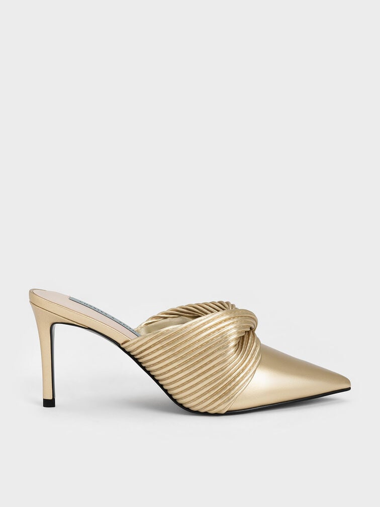 Pleated Wrap Heeled Mules, Gold, hi-res