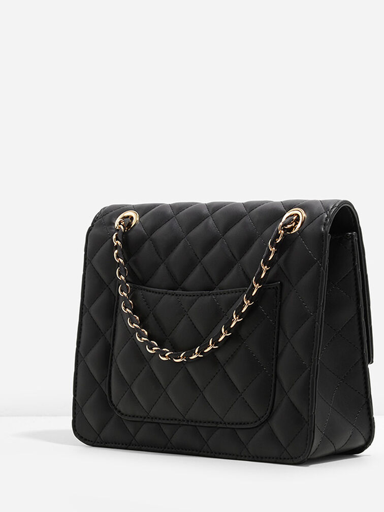 Quilted Push-Lock Clutch, Black, hi-res