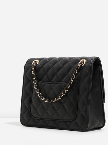 Quilted Push-Lock Clutch, Black, hi-res