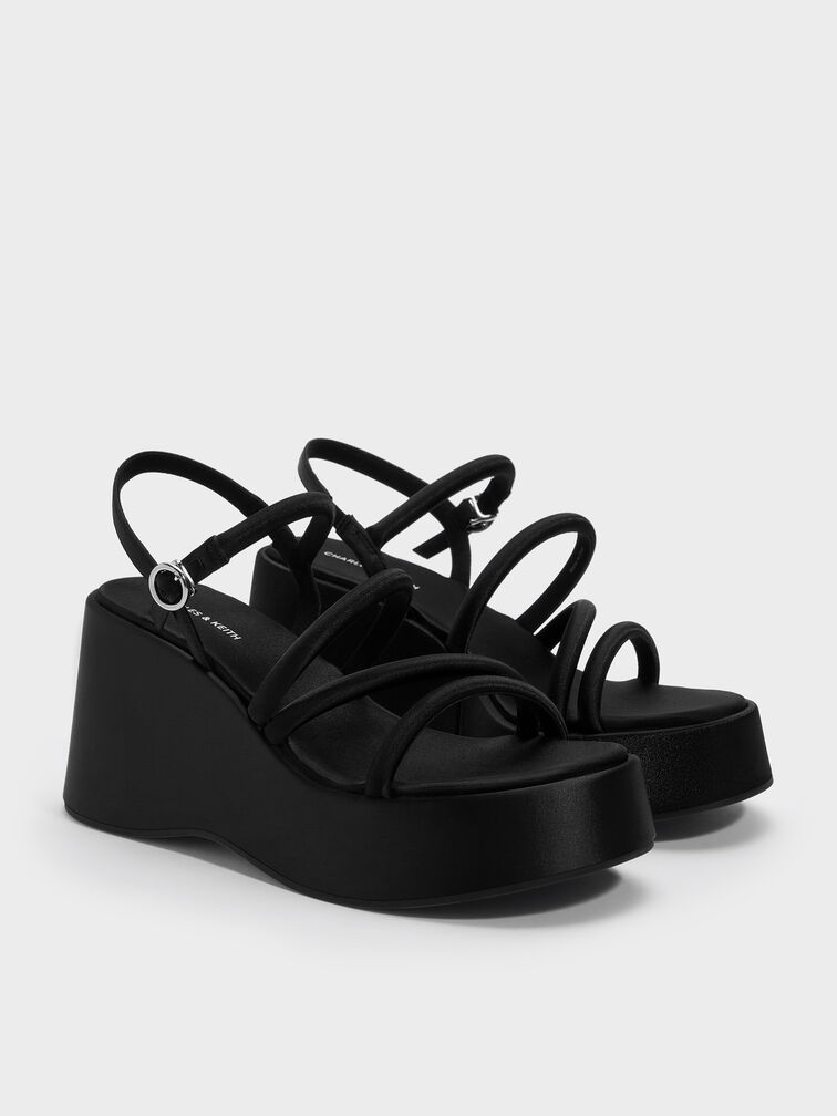 Gi&agrave;y sandals đế xuồng Lindon Satin, Đen họa tiết, hi-res