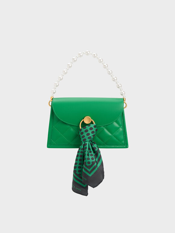 Roza Scarf Quilted Trapeze Bag, Green, hi-res