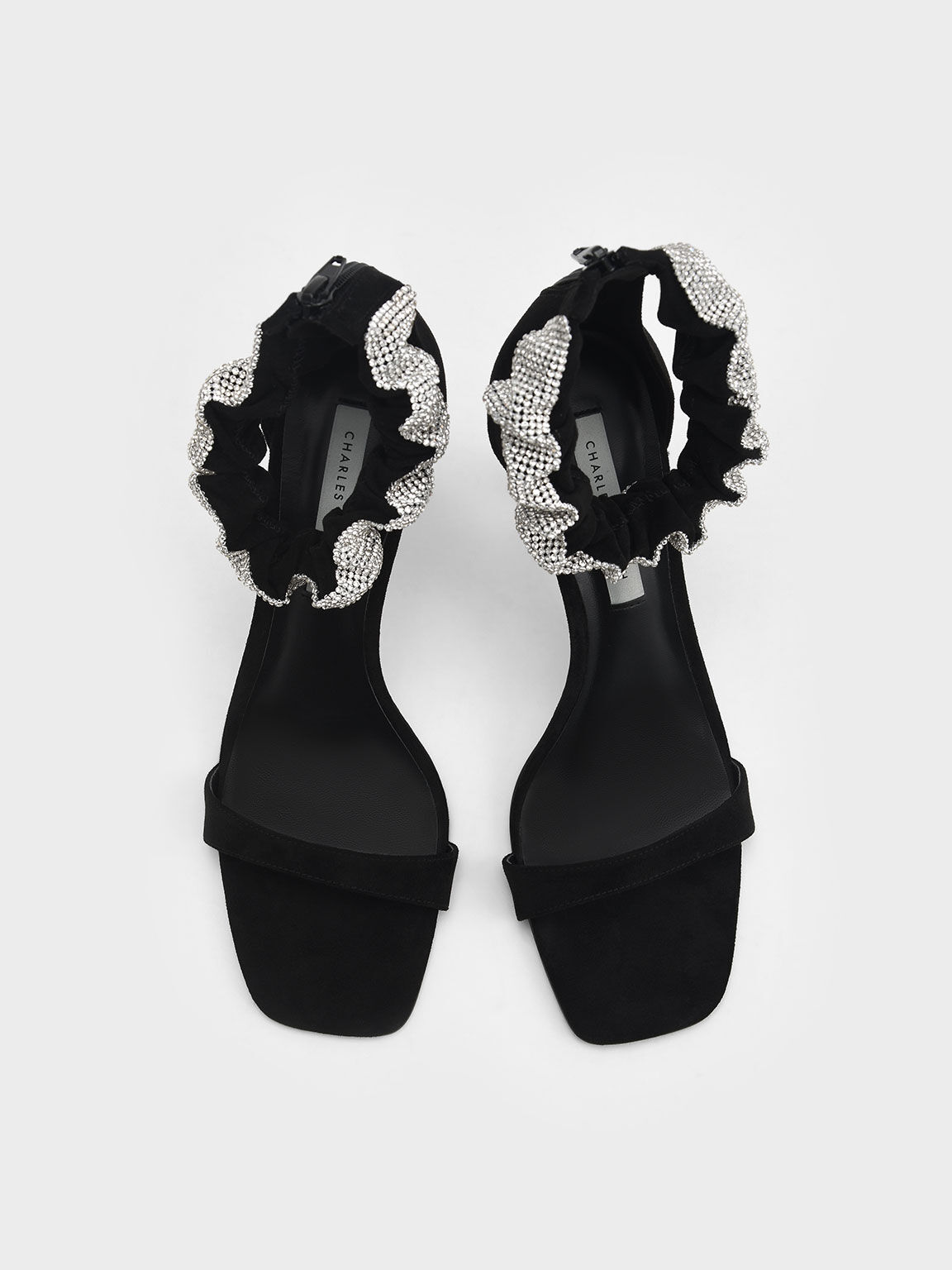 Gem-Encrusted Ruffle Strap Stiletto Sandals, Black, hi-res