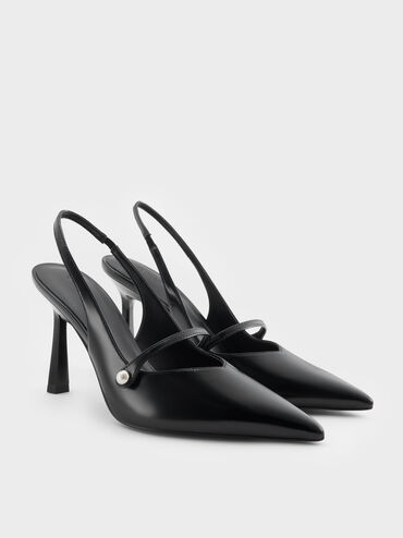 Helena Pearl-Buckle Pointed-Toe Slingback Pumps, Black Boxed, hi-res