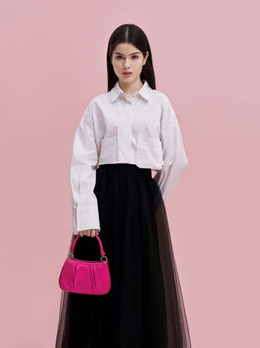 Túi đeo vai hình thang Recycled Satin Floral-Print, Hồng fuchsia, hi-res