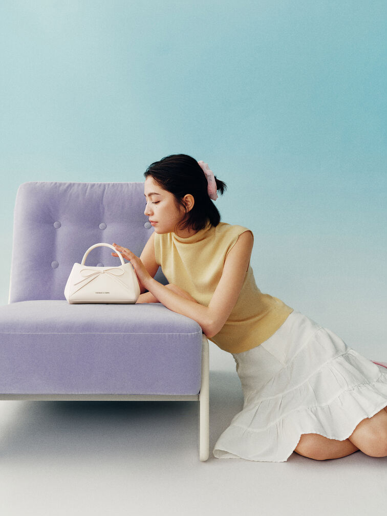 Hazel Bow Panelled Top Handle Bag, Cream, hi-res