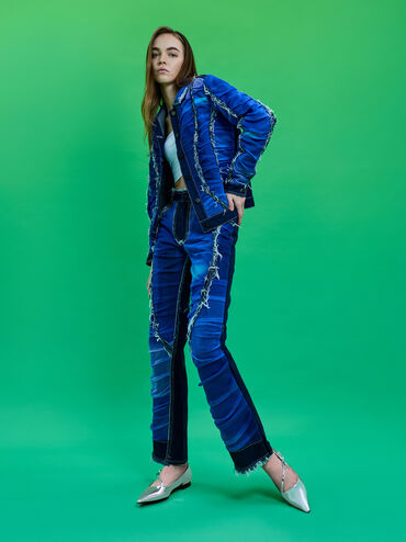 Giày búp bê mũi nhọn Metallic Bow-Strap, Bạc, hi-res