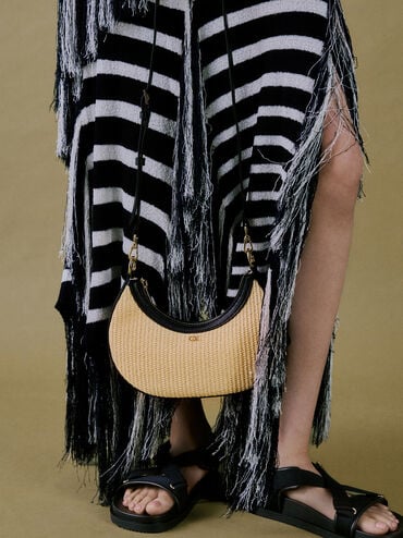 Leather & Raffia Crescent Hobo Bag, Neutral Raffia, hi-res