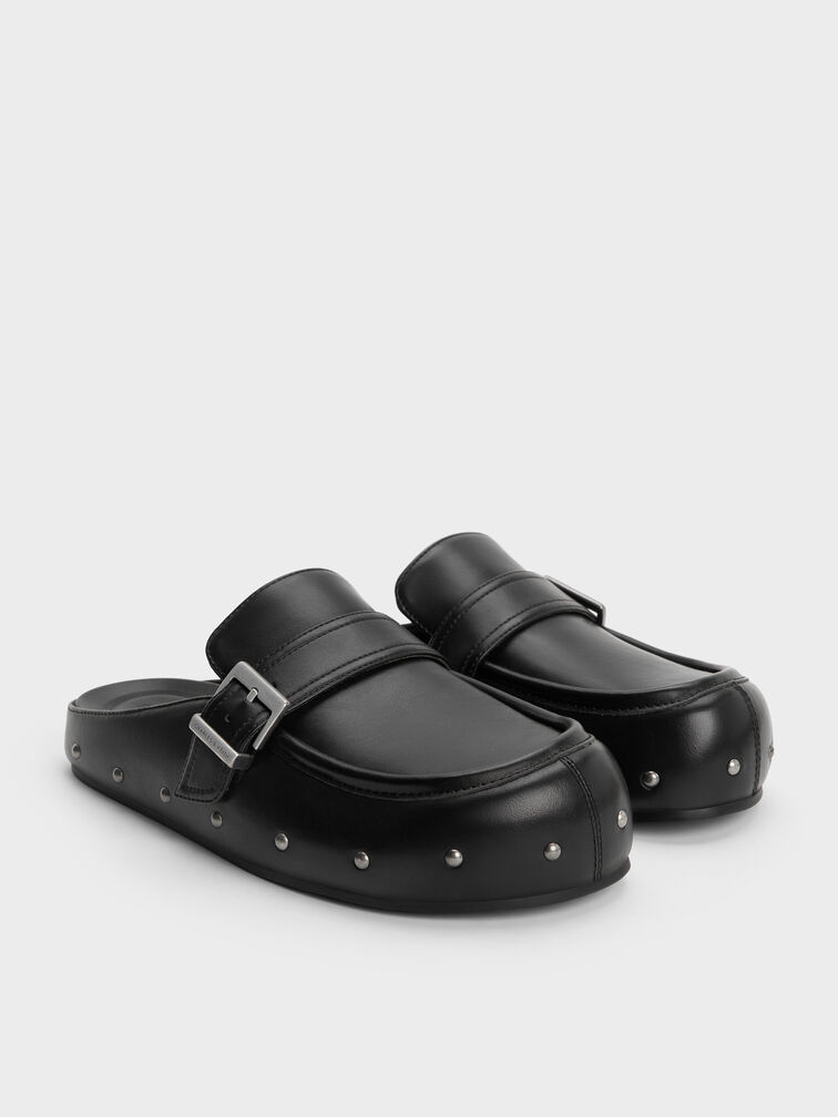 Studded Buckled Flat Mules, Black, hi-res