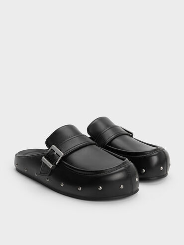 Studded Buckled Flat Mules, Black, hi-res