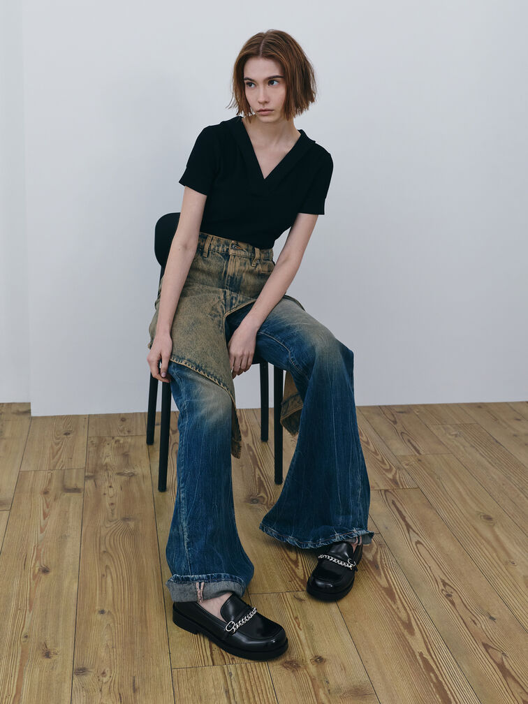 Gi&agrave;y lười Georgie Chain, Đen b&oacute;ng nh&aacute;m, hi-res