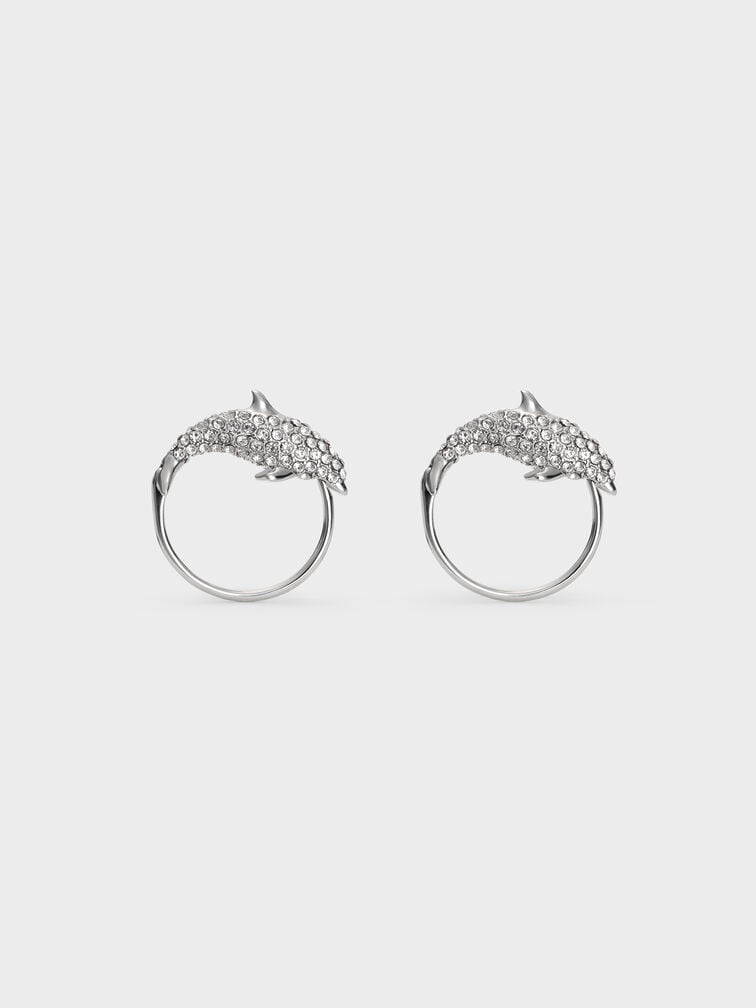 Delfina Crystal-Dolphin Hoop Earrings, Silver, hi-res