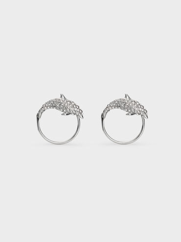 Delfina Crystal-Dolphin Hoop Earrings, Silver, hi-res