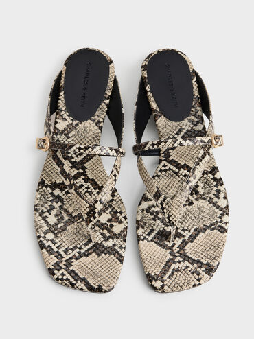 Snake-Print Buckled Thong Wedges, Animal Print Natural, hi-res