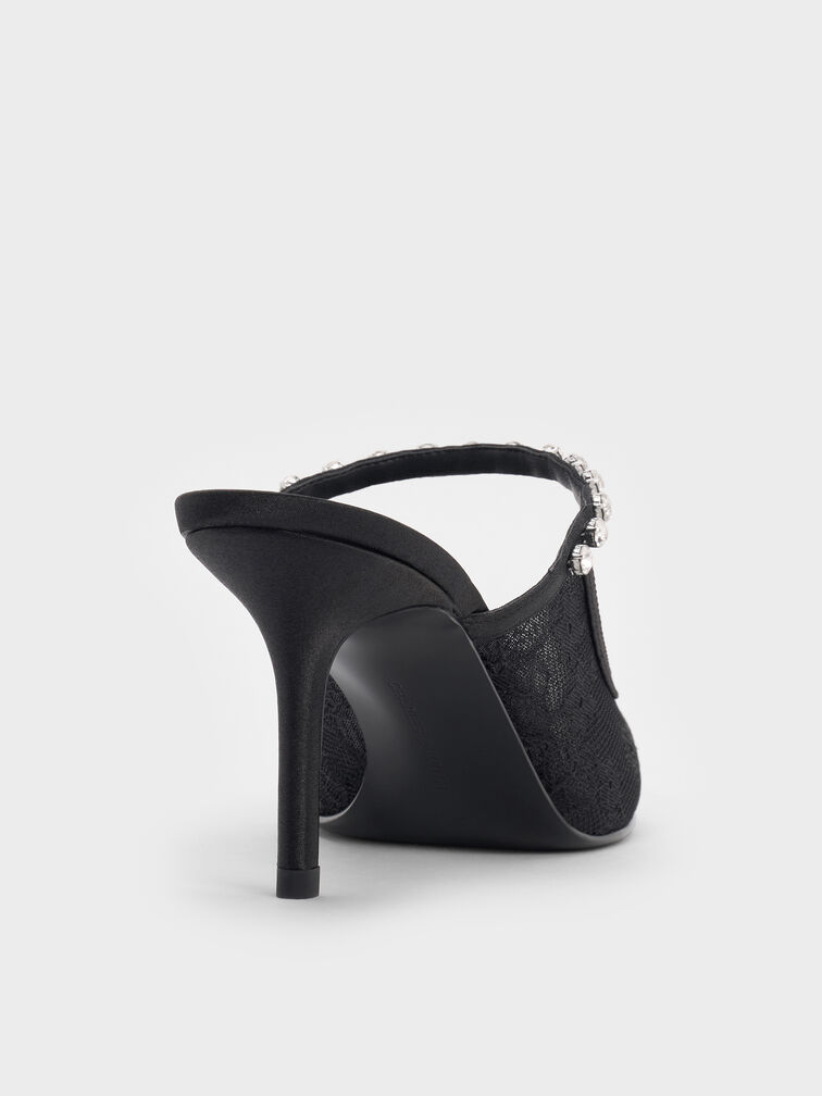 Lace & Satin Crystal Heeled Mules, Black Textured, hi-res