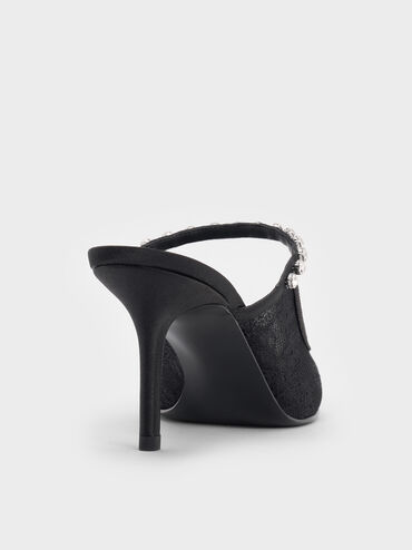 Lace & Satin Crystal Heeled Mules, Black Textured, hi-res
