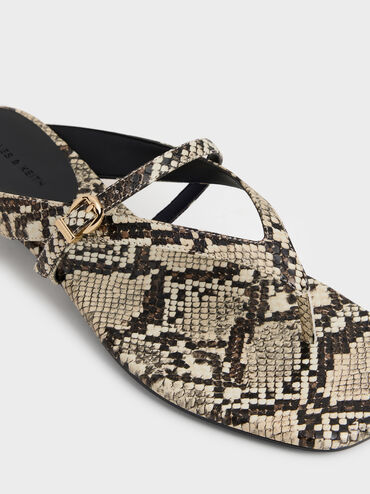 Snake-Print Buckled Thong Wedges, Animal Print Natural, hi-res