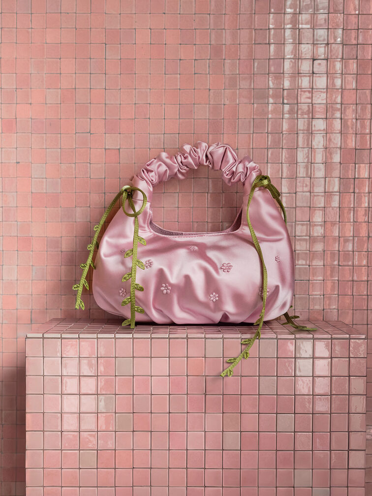 Mabel Satin Floral-Vine Hobo Bag, Pink, hi-res