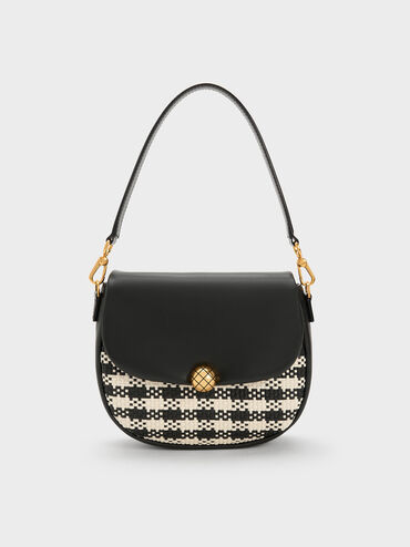 Quilted Ball Curved Crossbody Bag, Black, hi-res