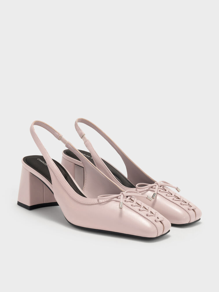 Lace-Up Bow Slingback Pumps, Light Pink, hi-res