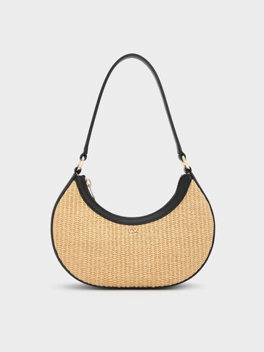 Leather & Raffia Crescent Hobo Bag, Neutral Raffia, hi-res