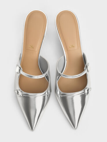 Metallic Leather Gem-Buckle Pointed-Toe Heeled Mules, Silver, hi-res