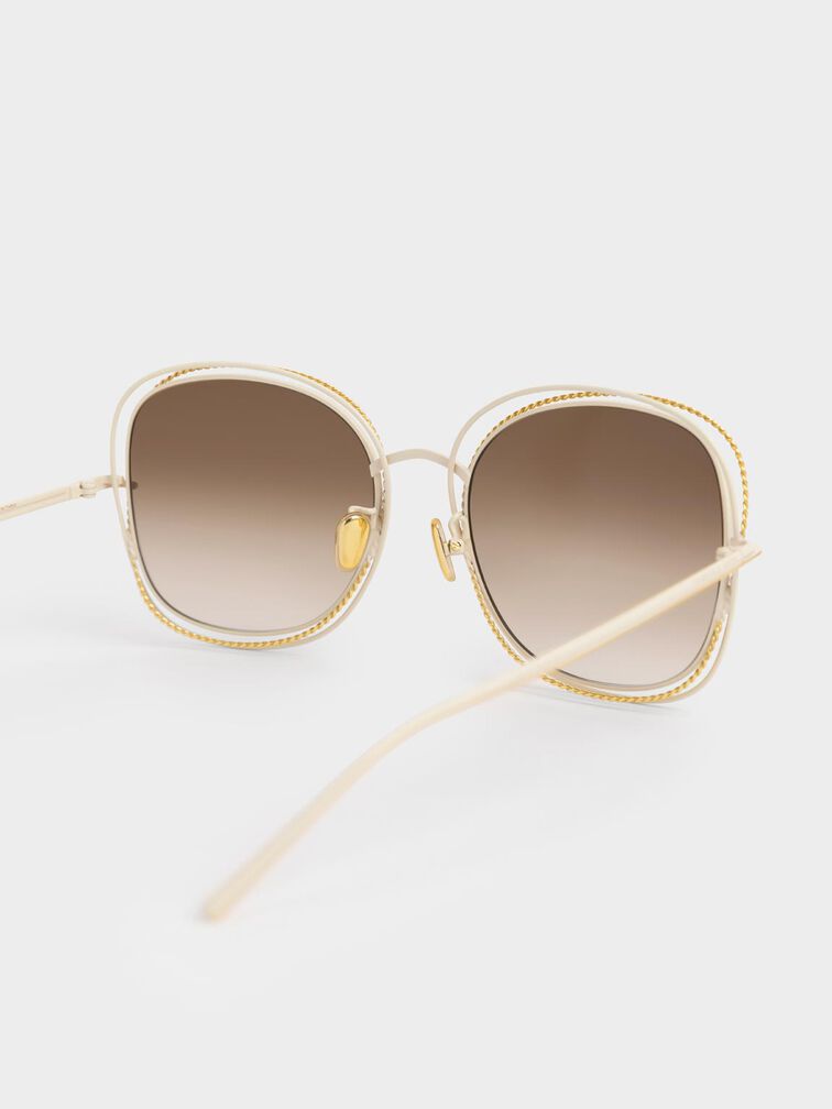 Cut-Out Frame Metallic-Rimmed Butterfly Sunglasses, Cream, hi-res