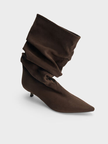 Faux Suede Ruched Kitten-Heel Calf Boots, Dark Brown Textured, hi-res