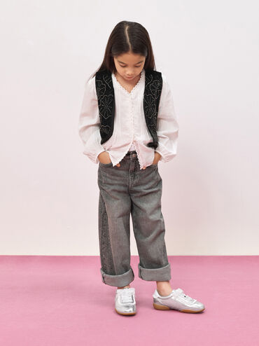 Girls' Metallic Lace-Trim Sneakers, Silver, hi-res