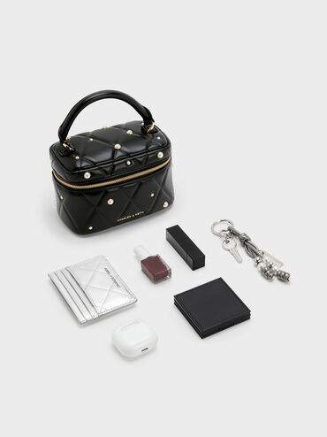 Arwen Quilted Pearl-Embellished Top Handle Vanity Bag, Black, hi-res
