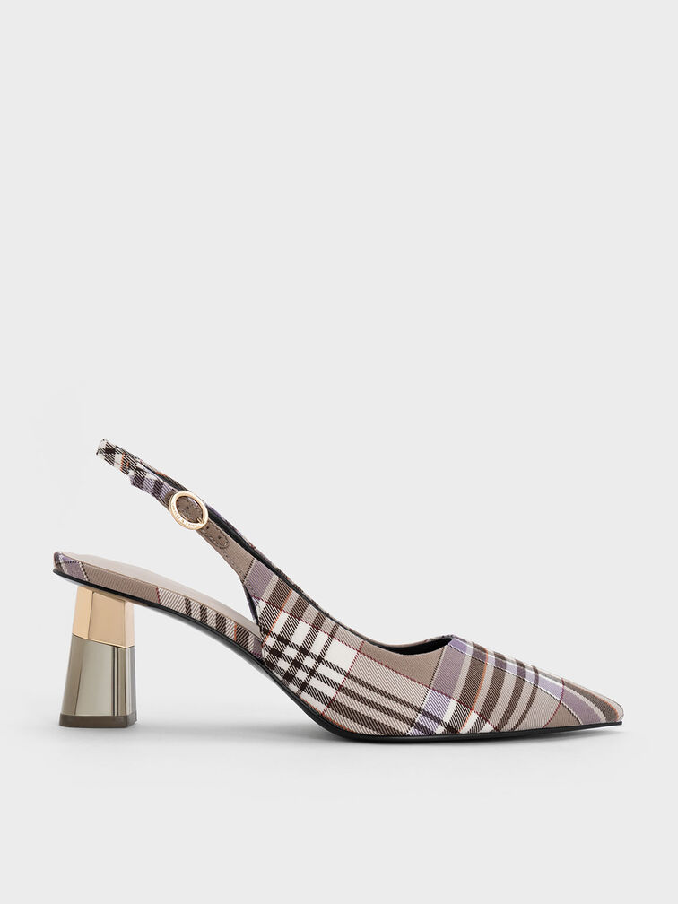 Checkered See-Through Trapeze Heel Slingback Pumps, Taupe, hi-res